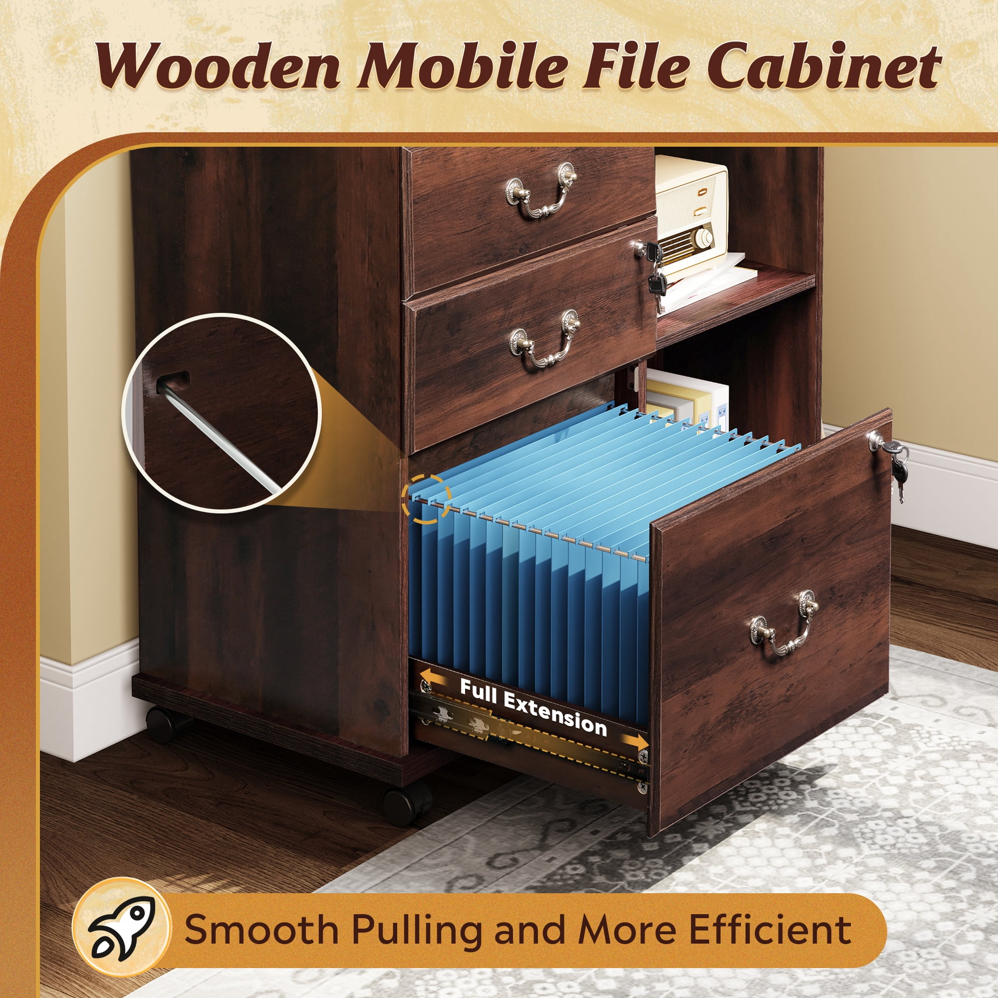 GALAXHERO 3 Drawer File Cabinet with Charging Station, Wood Lateral Filing Cabinet with Lock, Rolling Printer Stand with Storage for Home Office, Brown Oak