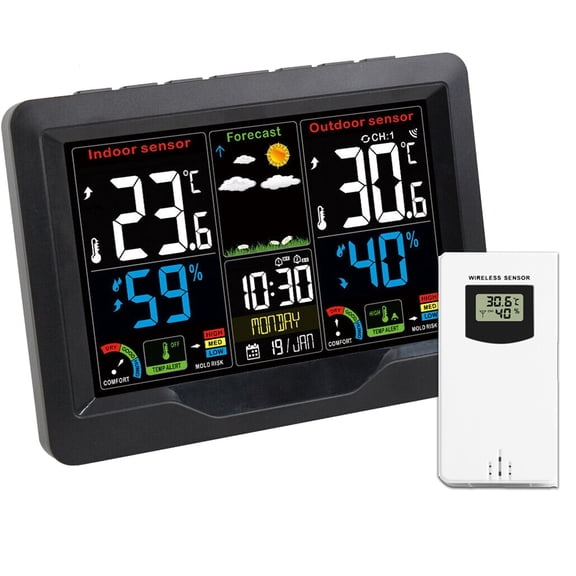 RVPOZWER Digital LCD Weather Station Clock Indoor & Outdoor Calendar Thermometer Wireless