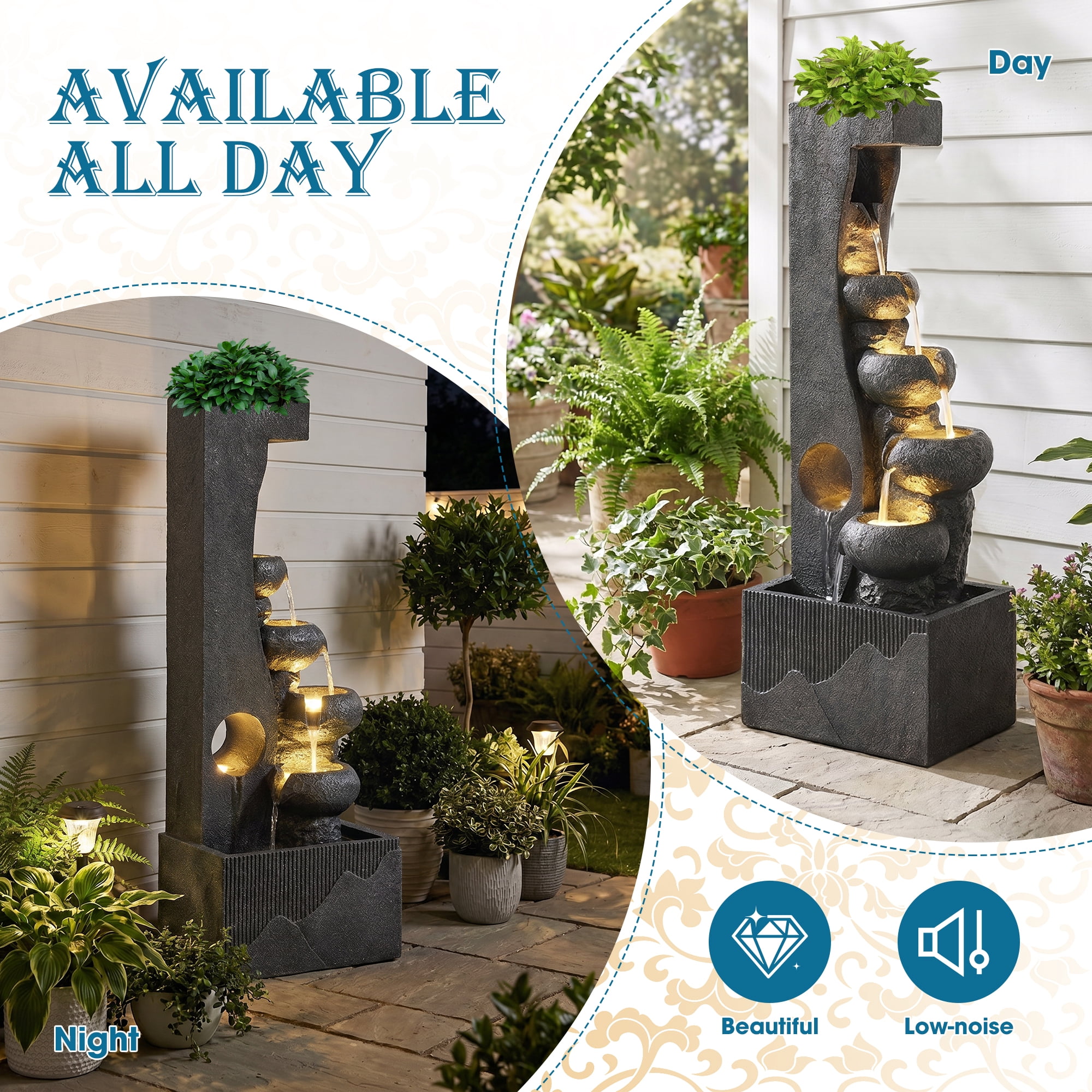 Haverchair 40" H Cascading Rock Water Fountain, 6-Tier Outdoor Garden Waterfall with with Flower Pot and Lights, Indoor Water Feature Fountain for Garden, Patio, Backyard, Porch and Home Art Decor