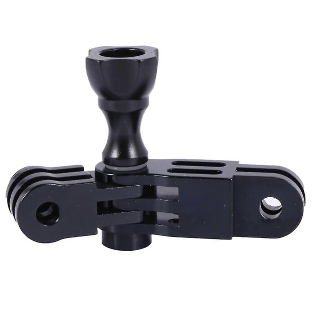 cnc aluminium alloy three-way pivot arm mount adapter for hero 1 2 3 3+ 4 5 session/for //gitup spo Black, vista frontal de adaptador de brazo pivotante de tres vías en aleación de aluminio con poste pivot central, extremos con horquilla doble y orificios de montaje y ranura para ajustar ángulos, tamaño aprox. 7 x 4.75 x 2 cm. Unidad sola; a menudo se usa para ajustar la orientación de cámaras de acción o como pieza de montaje adicional en rigs compactos.