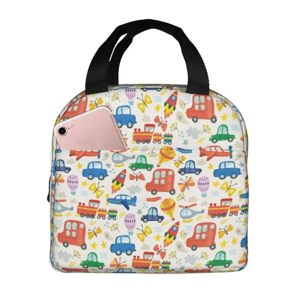 Easygdp Cartoon Transportation Bolsa Térmica Premium - Tela Oxford Impermeable, Gran Capacidad, Bolsillo Frontal, Unisex para Trabajo, Escuela, Actividades al Aire Libre y Picnics