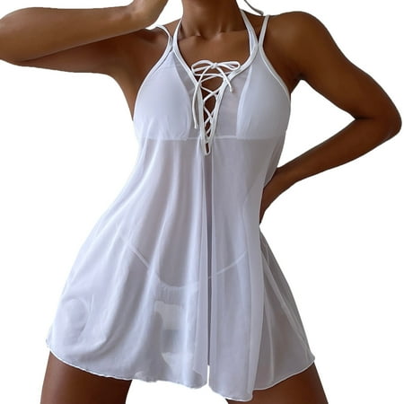 Huowey Women Lace Up Front Mesh Cover Up Without Lingerie Split Fork Dress Beach Wrap Bikini Shiny Wraps Cover Ups For Swimwear Boho Bathing Suit Honeymoon Cruise Trendy Wear