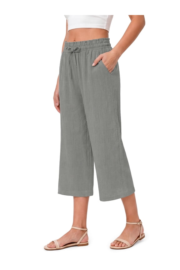 Women Capri Pants Wide Leg High Waisted Drawstring Capris Summer Casual Linen Cropped Pants with Pockets