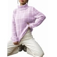 thumbnail image 3 of Women Fall High Neck Plaid Sweater Long Sleeve Loose Casual Chunky Checked Knit Winter Sweaters Jumper Tops L, 3 of 8