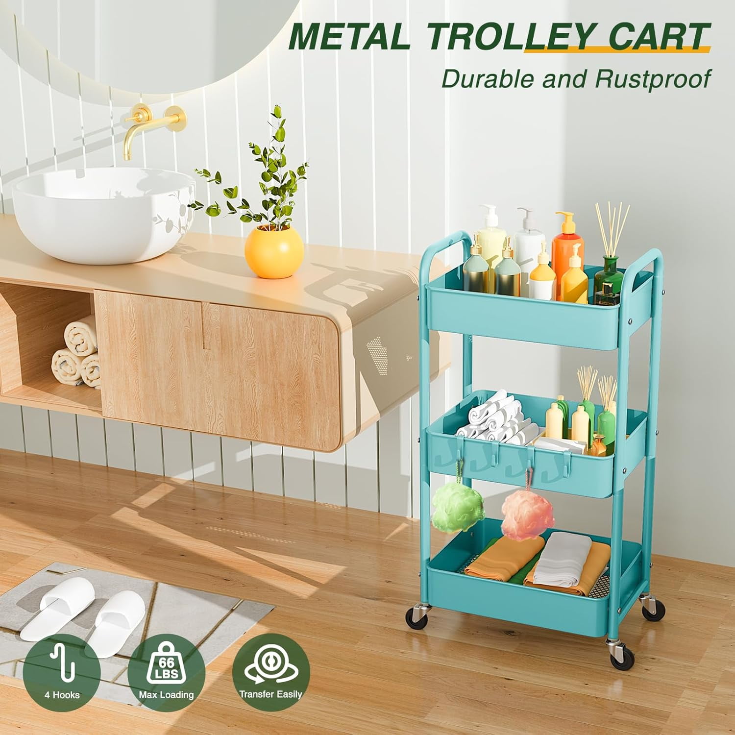 3 Tier Rolling Storage Cart, Metal Trolley Utility Cart with Wheels & Hooks, Easy Assembly Organizer Storage Cart for Bathroom Kitchen Office Bedroom (Blue)
