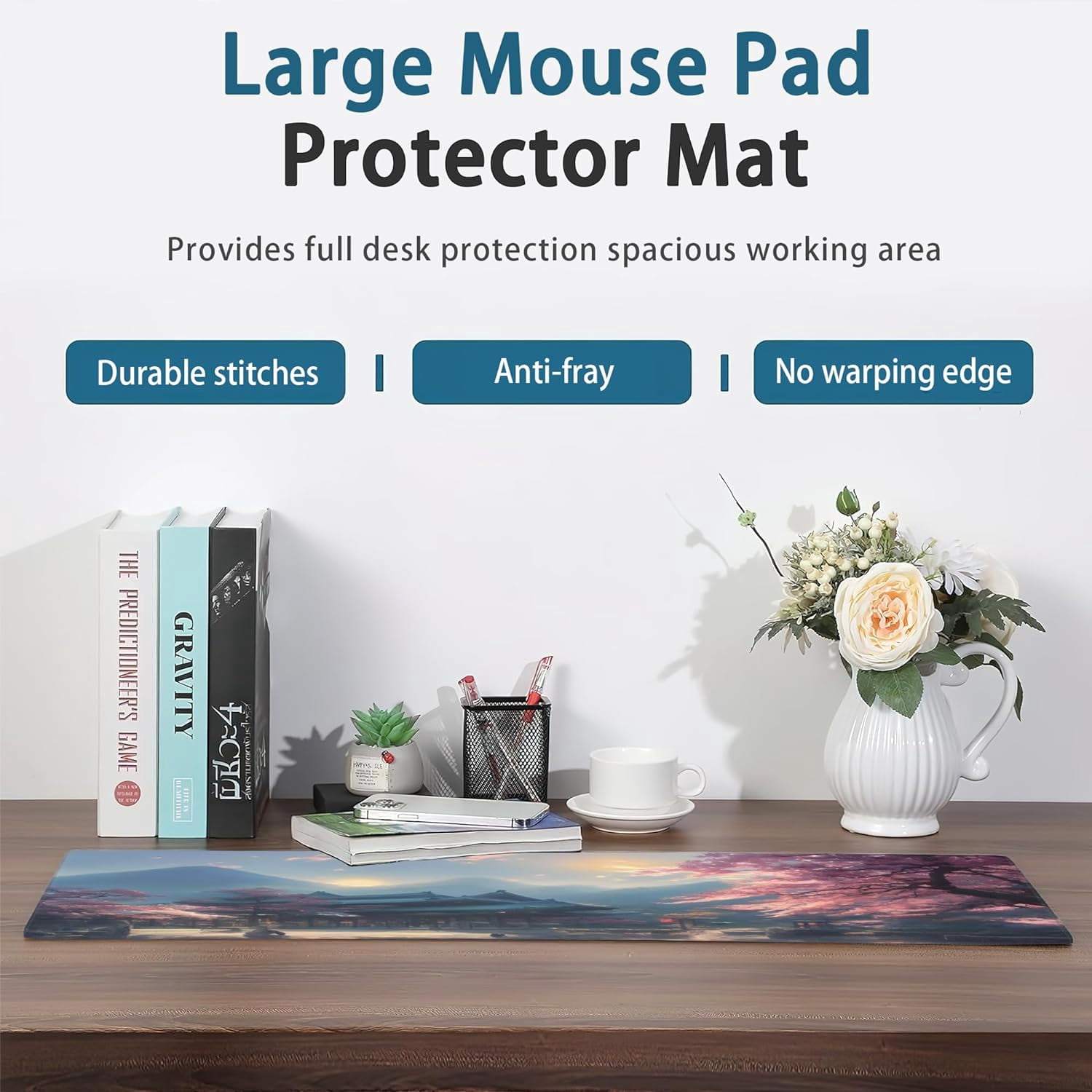Desk Mat, Spring Cherry Blossoms Extended Gaming Mouse Pad Large, Fantastic Shrine Desk Mat with Non-Slip Base and Stitched Edge, Long Computer Keyboard Mouse Mat for Home Office Work 31.5"x15.7"