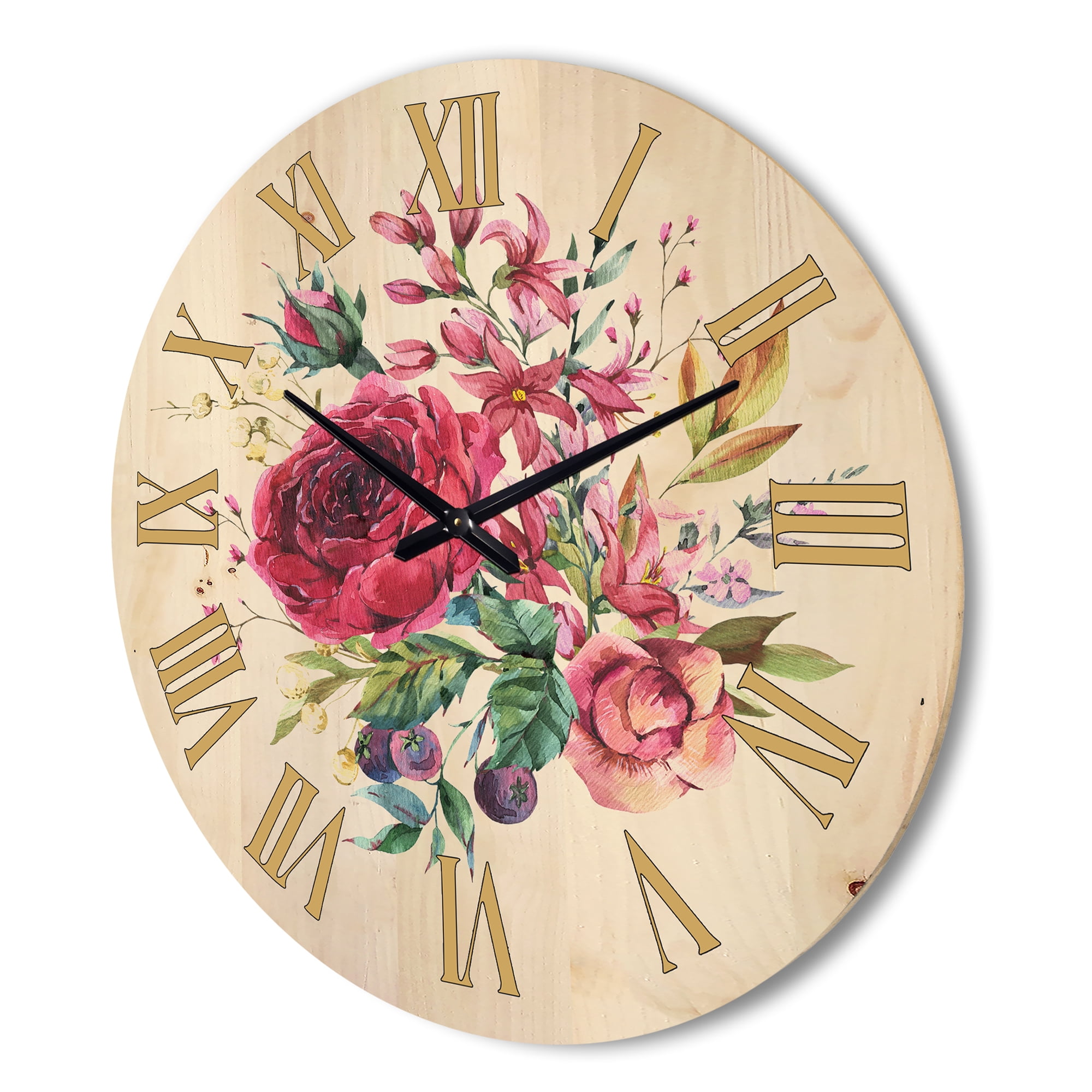 Designart 'Ancient Wildflowers and Burgundy Rose' Farmhouse Wood Wall Clock