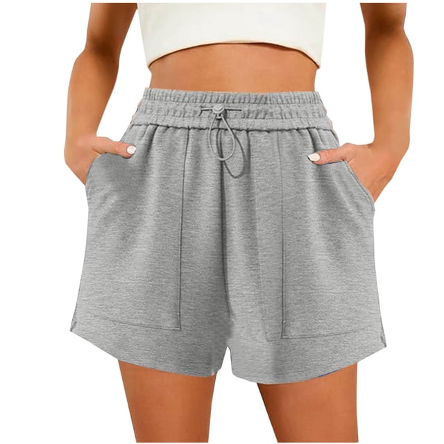 Puntoco Pantalones cortos deportivos para mujer Pantalones cortos casuales de cintura alta con bolsillo y cordón de color sólido a la moda para mujer