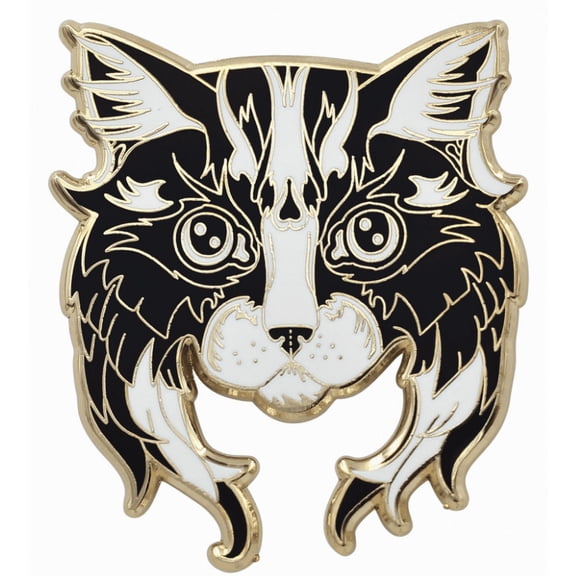 Black White Cat Pin - Adorable Cat Enamel Lapel Pin with Long Beard