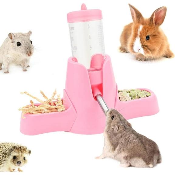 3 in 1 Hamster Water Bottle Small Animal Water Bottle with Food Container Base Automatic Bottle Dispenser BPA Free for Guinea Pig Hamster Chinchilla Squirrel Bunny Small Animals , 2.7oz