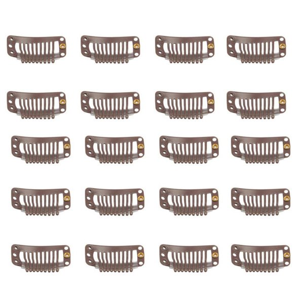 FeiHong 20 pinzas para el pelo de acero inoxidable con goma de silicona, 9 dientes, clips para peluca, accesorios para peluca, clips para postizos, extensiones de cabello (marrón oscuro)