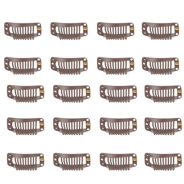 FeiHong 20 pinzas para el pelo de acero inoxidable con goma de silicona, 9 dientes, clips para peluca, accesorios para peluca, clips para postizos, extensiones de cabello (marrón oscuro)