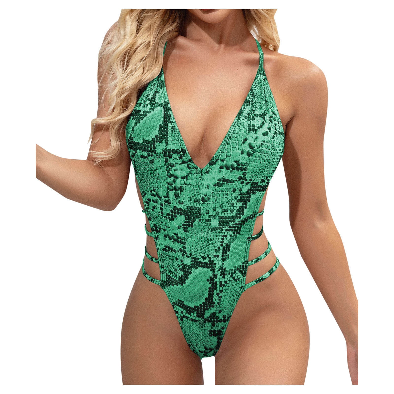 Pisexur Women s One Piece Swimsuit Snakeskin Print Spaghetti Strap Plunge V Neck Monokini Swimwear Sexy Criss Cross Back Bathing Suit with Multi Strap Sides for Summer Walmart