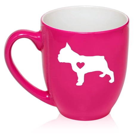 Cute French Bulldog With Heart Ceramic Coffee Mug Tea Cup Gift for Her, Women, Wife, Mom, Sister, Girlfriend, Friend, Coworker, Daughter, Birthday, Frenchie, Cute, Puppy, Dog Lover (16oz Hot Pink)