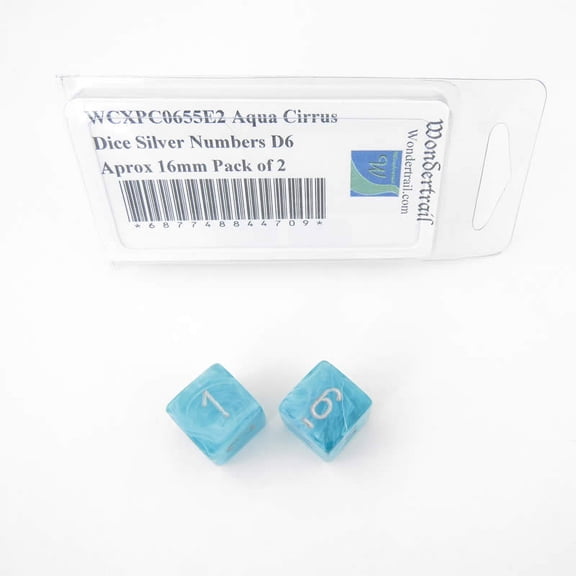 Aqua Cirrus Dice with Silver Numbers D6 Aprox 16mm (5/8in) Pack of 2 Wondertrail