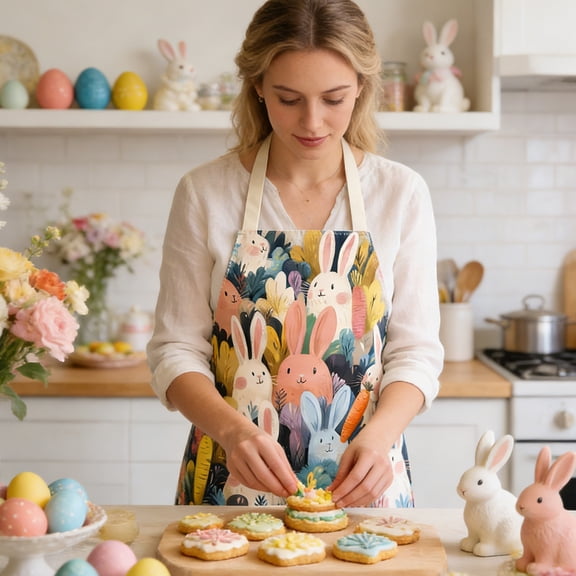 Meggemo Easter Apron Bunny Print Decorative Kitchen Cooking Apron Holiday Party Home Baking Apparel Chef Accessory Adjustable Waist Practical Fun