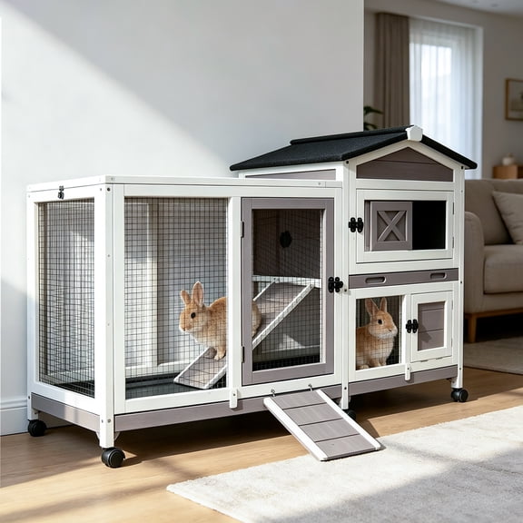 Aivituvin 55.2" Rabbit Hutch Indoor Outdoor, 2-Story Bunny Cage with Chew-Proof Full Metal Frame, 6 Locking Casters, 2 Pull-Out Trays for Rabbits Guinea Pigs Small Pets