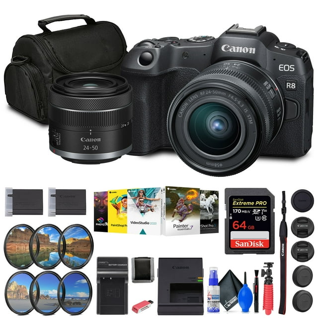 Canon EOS R8 Mirrorless Camera with RF 24-50mm Lens + 64GB Card + Bag + Charger + Battery + More(International Model)