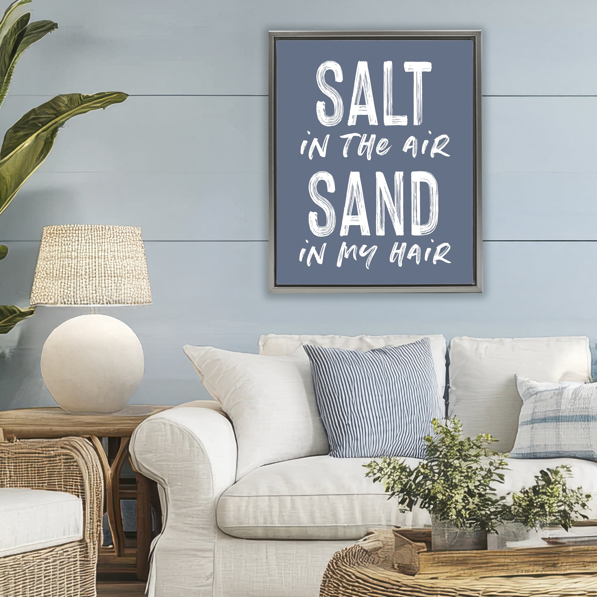 Summer Sentiment Salt Sand In Hair Gray Framed Floater Canvas Wall Art, design by Lettered and Lined