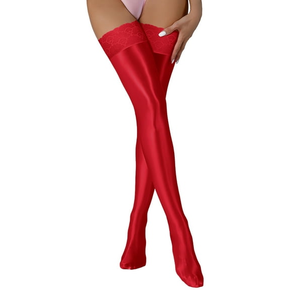 Ausing Women's Thigh High Stockings Glossy Oil Shiny Over Knee Lace Top Shimmery Elastic Socks for Party Club Red M