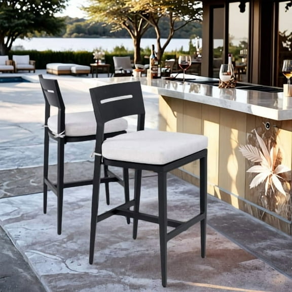 2pcs Aluminum Patio Bar Chair with Ergonomic Backrest Modern Outdoor 2PC Bar Stools with unbrella Cushion, Weather-Resistant