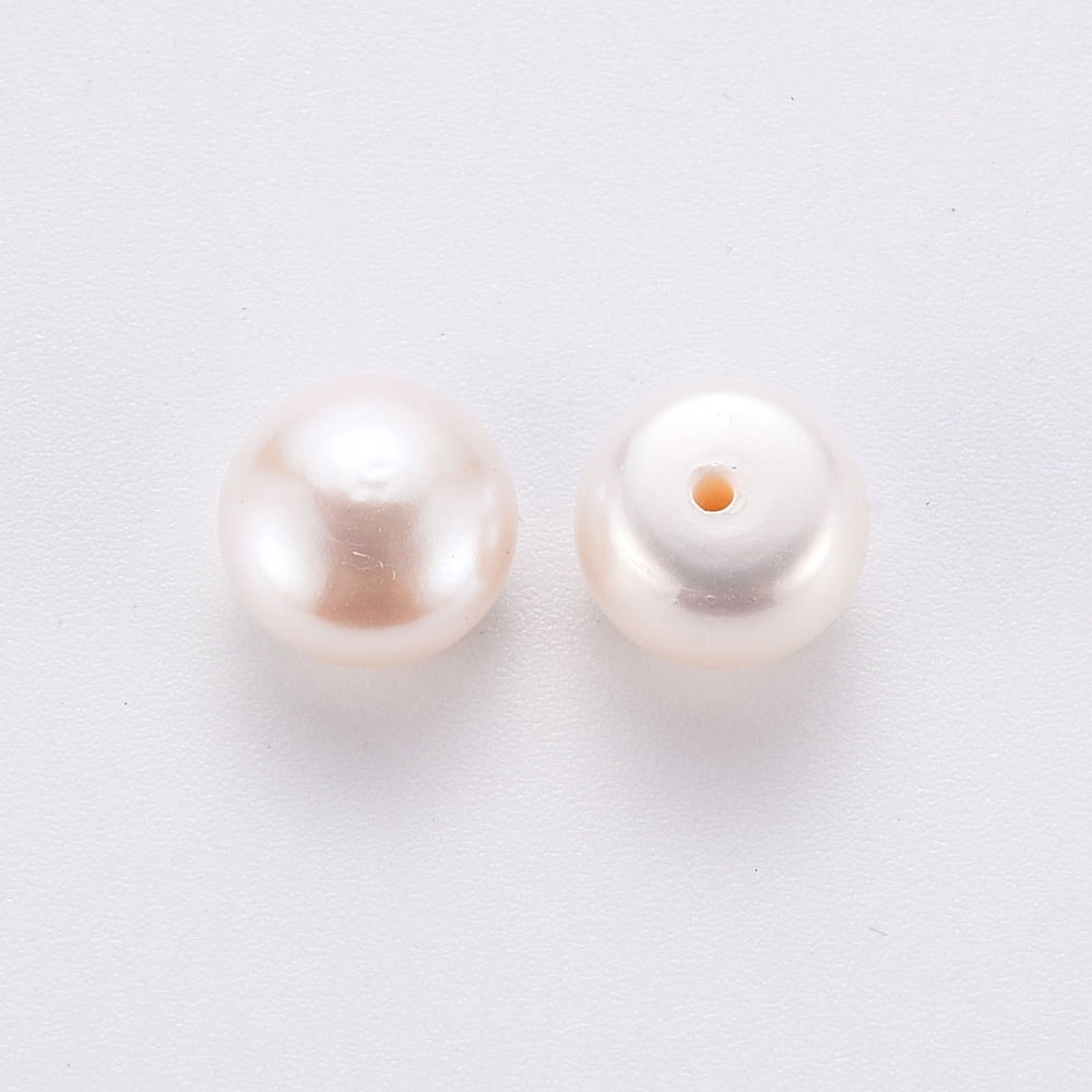 Grade AAA Natural Cultured Freshwater Pearl Beads Half Drilled Flat Round White 8~8.5x6mm Half Hole: 1mm