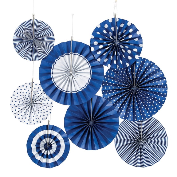 Cobalt Blue Paper Fan Assortment - Party Decor - 8 Pieces