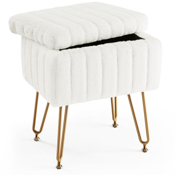 Taburete de tocador Sweetcrispy con almacenamiento, piel sintética, color blanco