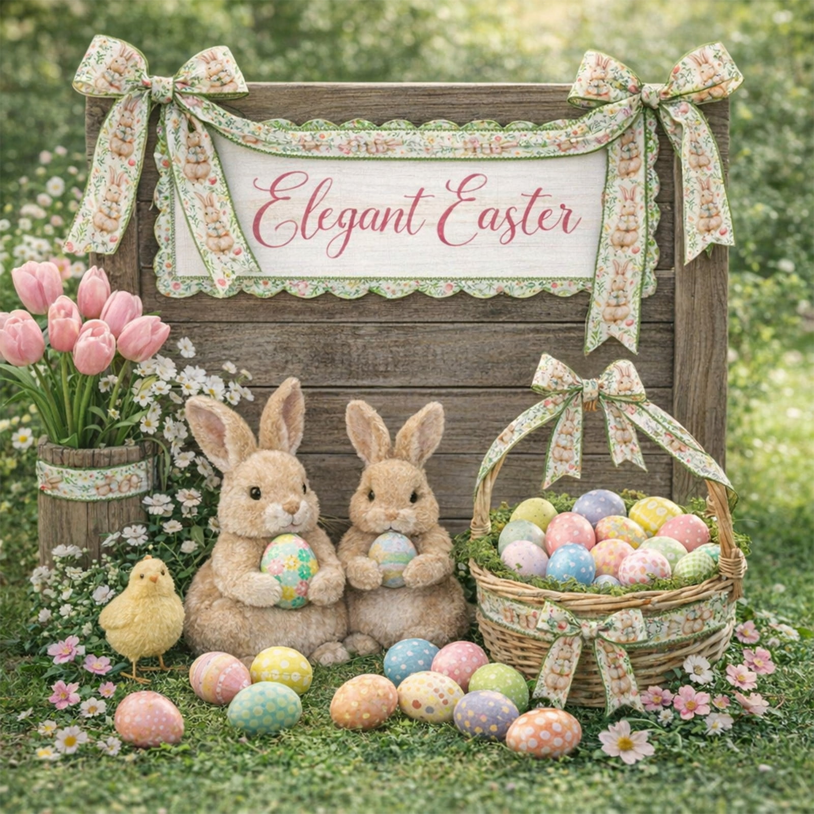 DAMAI Easter Wired Edge Ribbon Spring Floral Bunny Wired Ribbon Watercolor Easter Rabbit Flower Fabric Craft Ribbon for Gift Wrapping Floral Arrangement Wreath Bow DIY Crafts