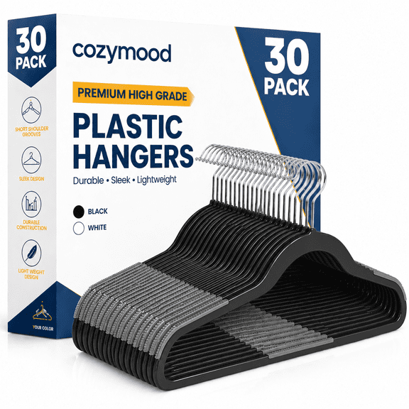 cozymood 30-Pack Clothes Hangers, Heavy-Duty Plastic Hangers Non-Slip , Sturdy Hangers Space-Saving, 360° Swivel Hook, for Coats,Pants, Black & Dark Gray