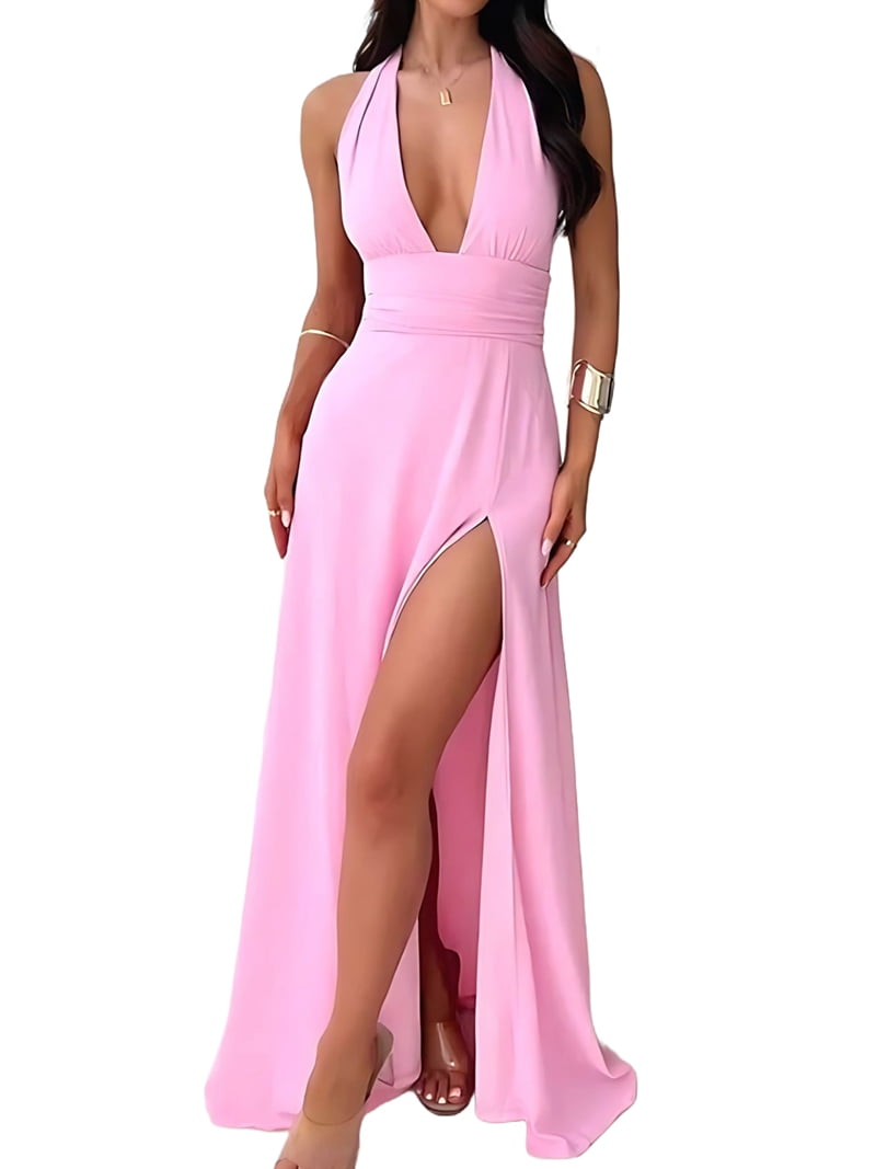 Womens Halter Deep V Neck Maxi Dress Sleeveless Backless Split Long Dress Pink XXL