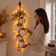 thumbnail image 5 of CHJK Rustic White Pumpkin Hanging Swag, 5 Pumpkin Fall Wall & Door Decor, Distressed Wooden Pumpkins with Plaid Bow and Warm LED Lights for Farmhouse Fall Door Decor, 5 of 7