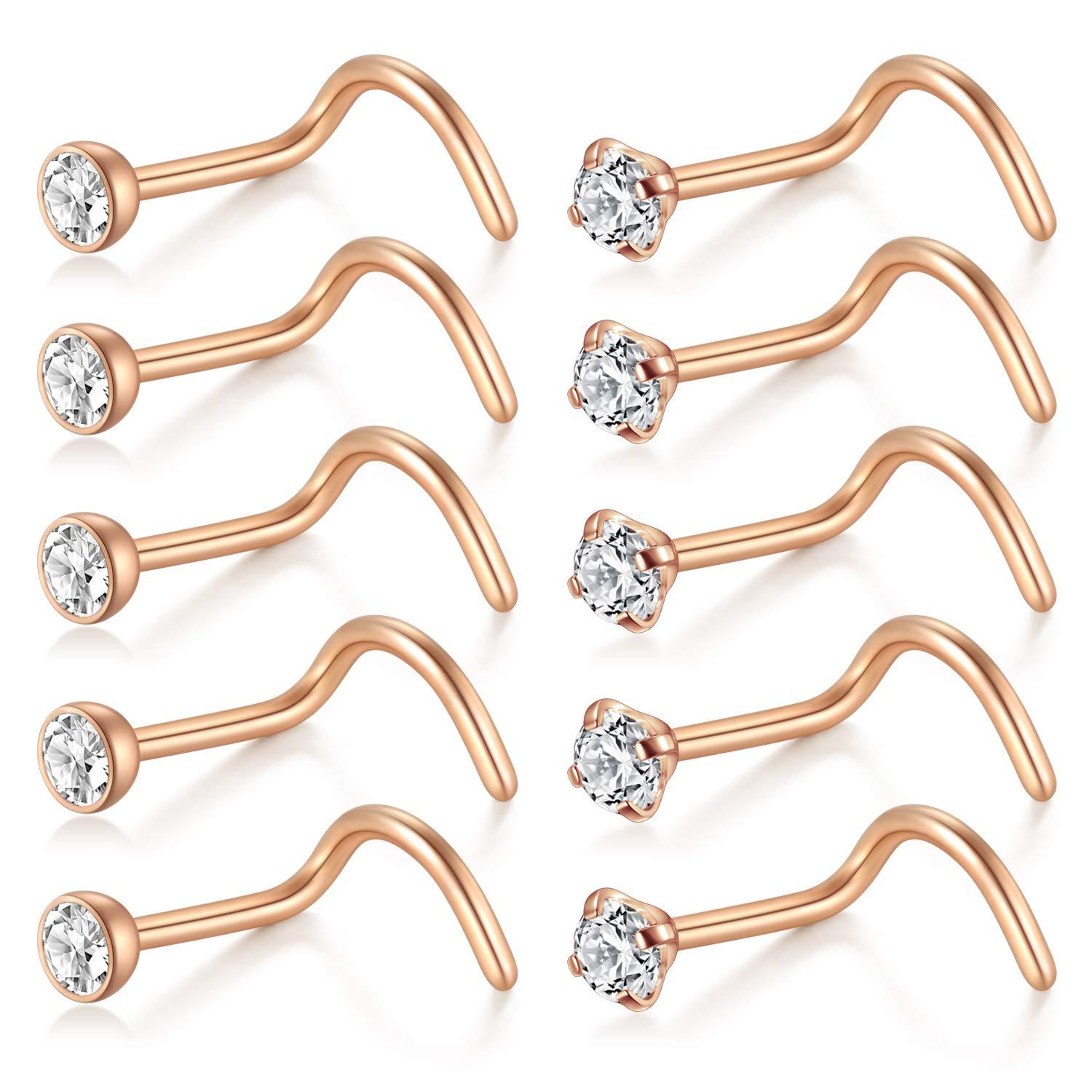 Nose Screw Rings Studs Surgical Steel Piercing Jewelry 2mm Clear CZ Nose Rings 10Pcs