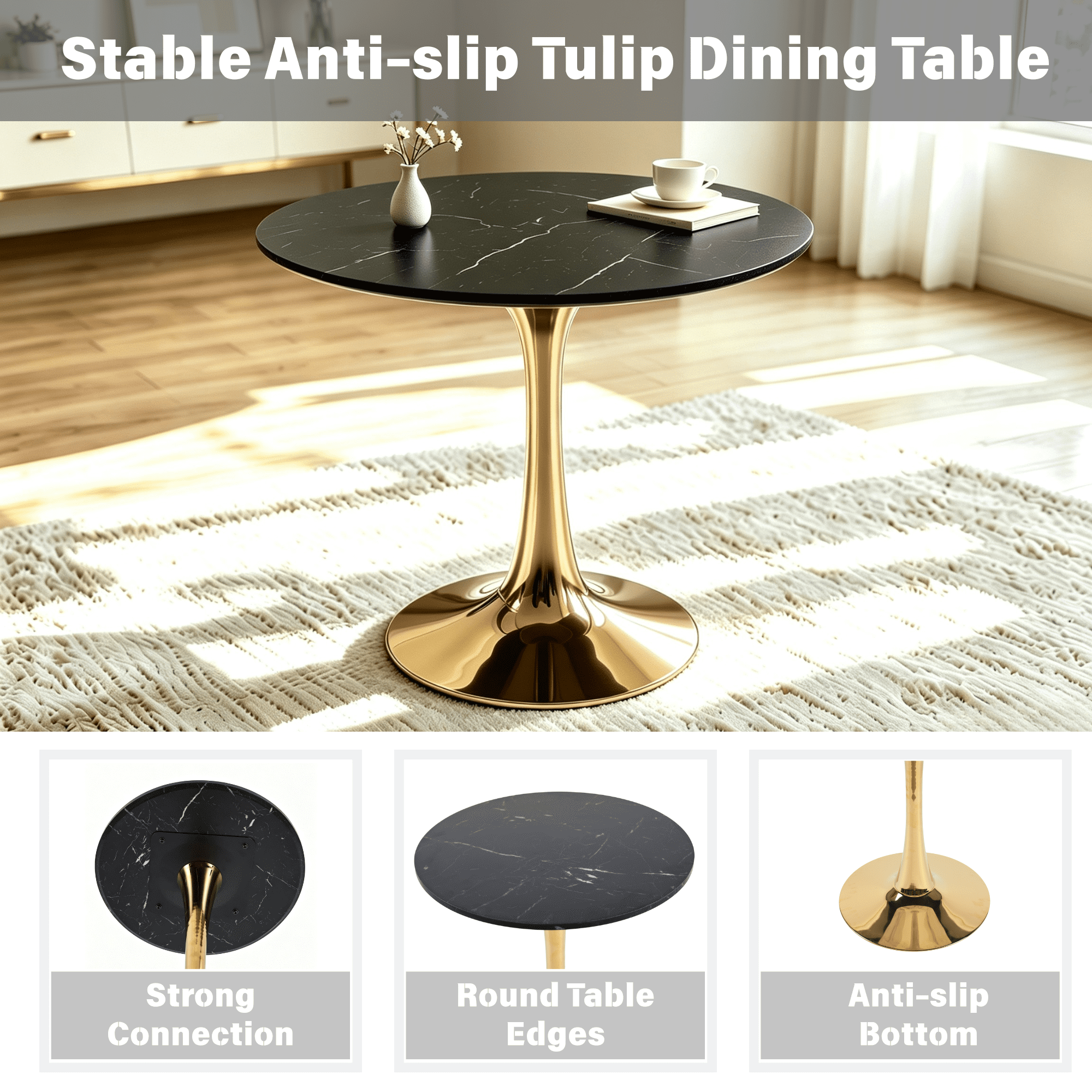 Euroco 31.5" Round Dinning Table for 4,Modern Kitchen Table with Metal Pedestal Base & Tulip Design for Dining, Tea & Lounge,Sturdy Base,Black