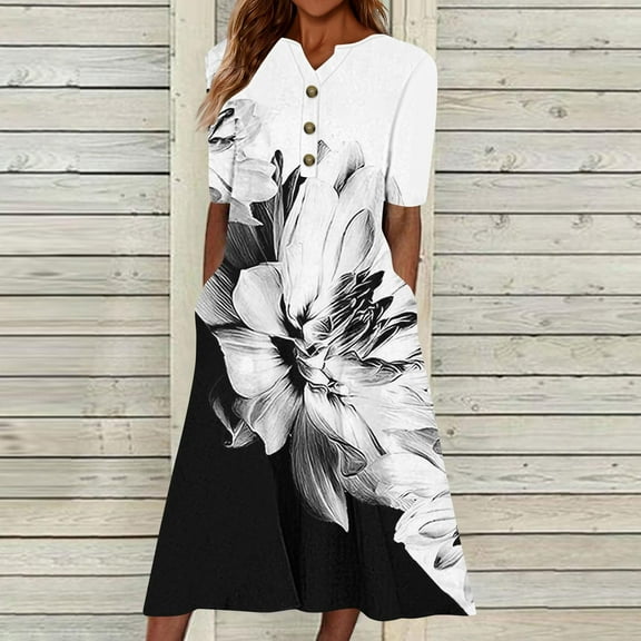 QUNYINEY Spring Dresses for Women Floral Short Sleeve Casual A-Line Dress Flowy Button V Neck Maxi Sundress