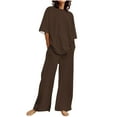 thumbnail image 2 of Dazajoo Women's 2 Piece Linen Set Summer Short Sleeve Crew Neck Tops and Wide Leg Pants with Pockets,Brown,L, 2 of 5