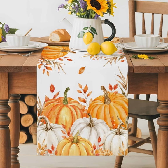 Watercolor Fall Pumpkin Leaves Table Runner 72 Inches Long, Thanksgiving Flower Berry Table Runners Tabletop Scarf Kitchen Dining Tables Decoration for Home Party Indoor Outdoor
