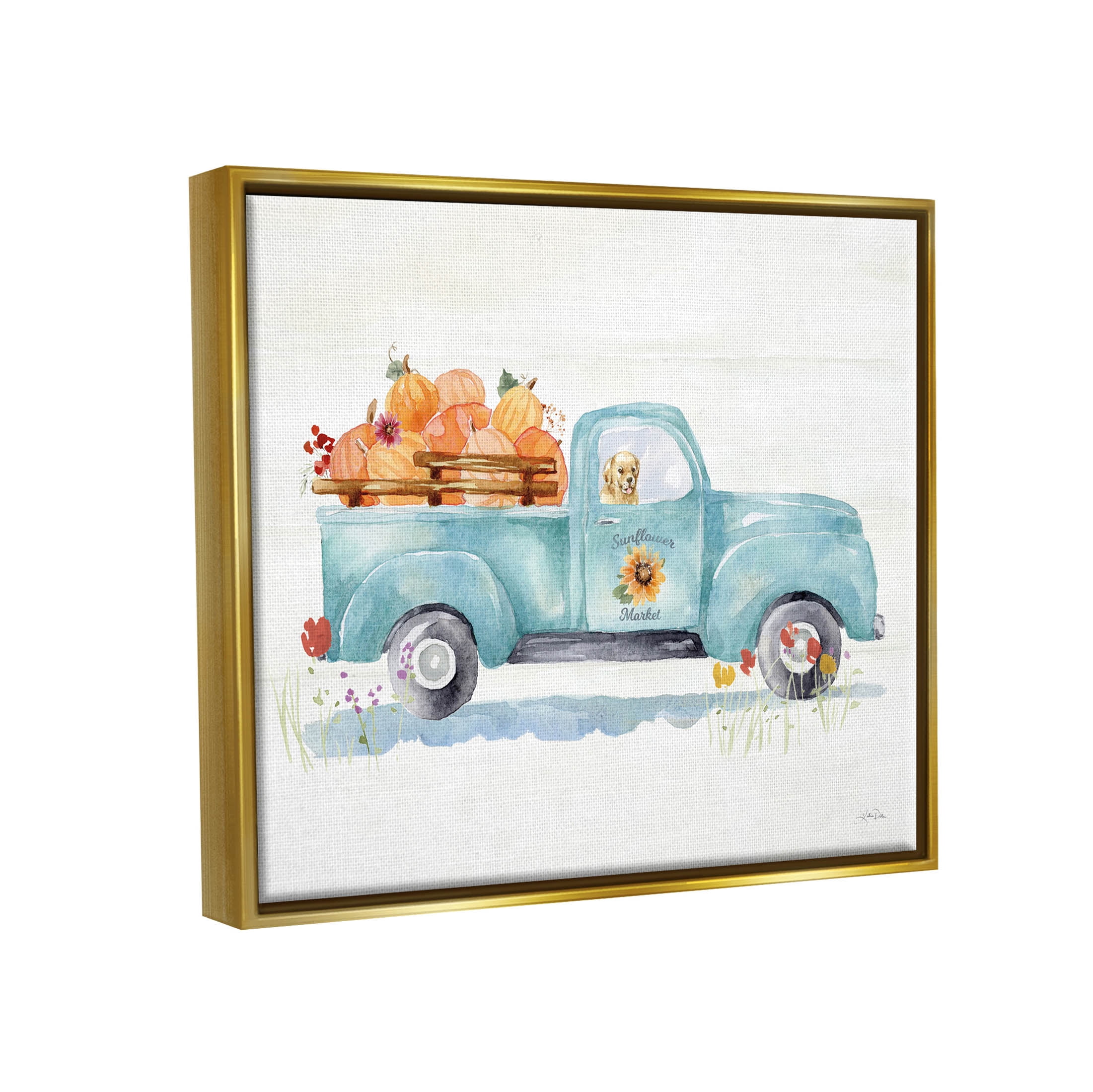Stupell Industries Sunflower Market Pumpkin Truck Graphic Art Metallic Gold Floating Framed Canvas Print Wall Art, Design by Katrina Pete