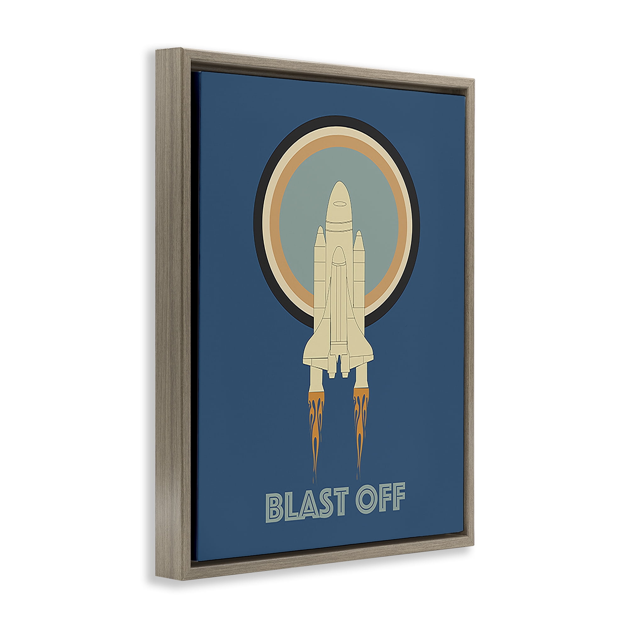 Stupell Industries Blast Off Vintage Rocket Transportation Painting Brown Floater Framed Canvas Art Print Wall Art, 25 x 31