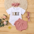 thumbnail image 2 of Okbabeha Newborn Baby Girl Easter Outfit My First Easter Outfit Short Sleeve Rabbit Print Romper Elastic Waist Shorts with Hairband 3Pcs Clothes Set, 2 of 5