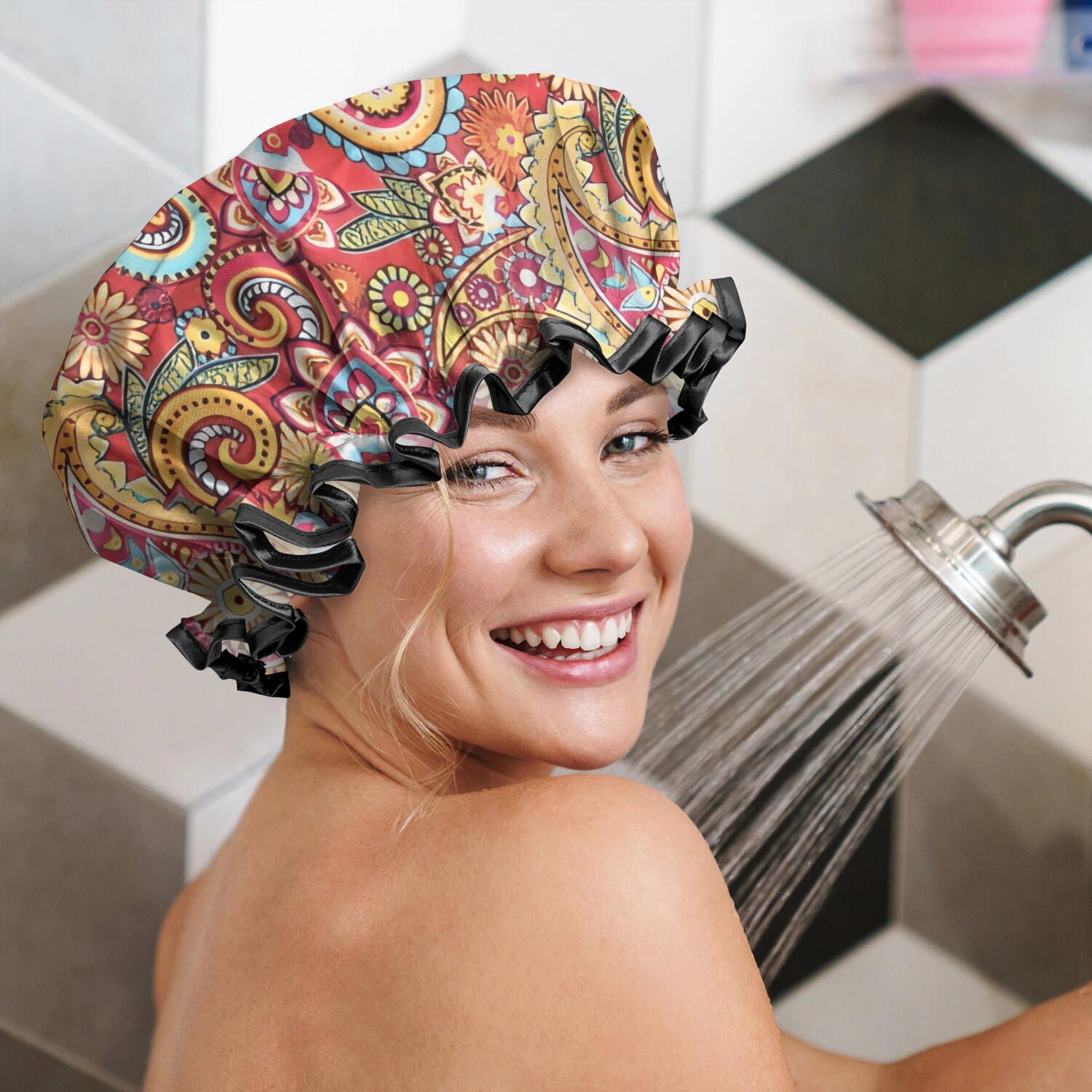 Shower Caps,Red Pioneer Flower and Paisley Pattern Waterproof Shower Cap for Women 4 Pieces,Double Reusable Hair Cover for Shower PEVA Elastic Stretch Hem