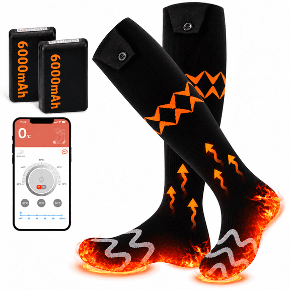 Heated Socks for Men Women, 6000mAh Rechargeable Electric Thermal Socks with App Control, 4 Heat Settings, Foot Warmer for Skiing Hiking Hunting