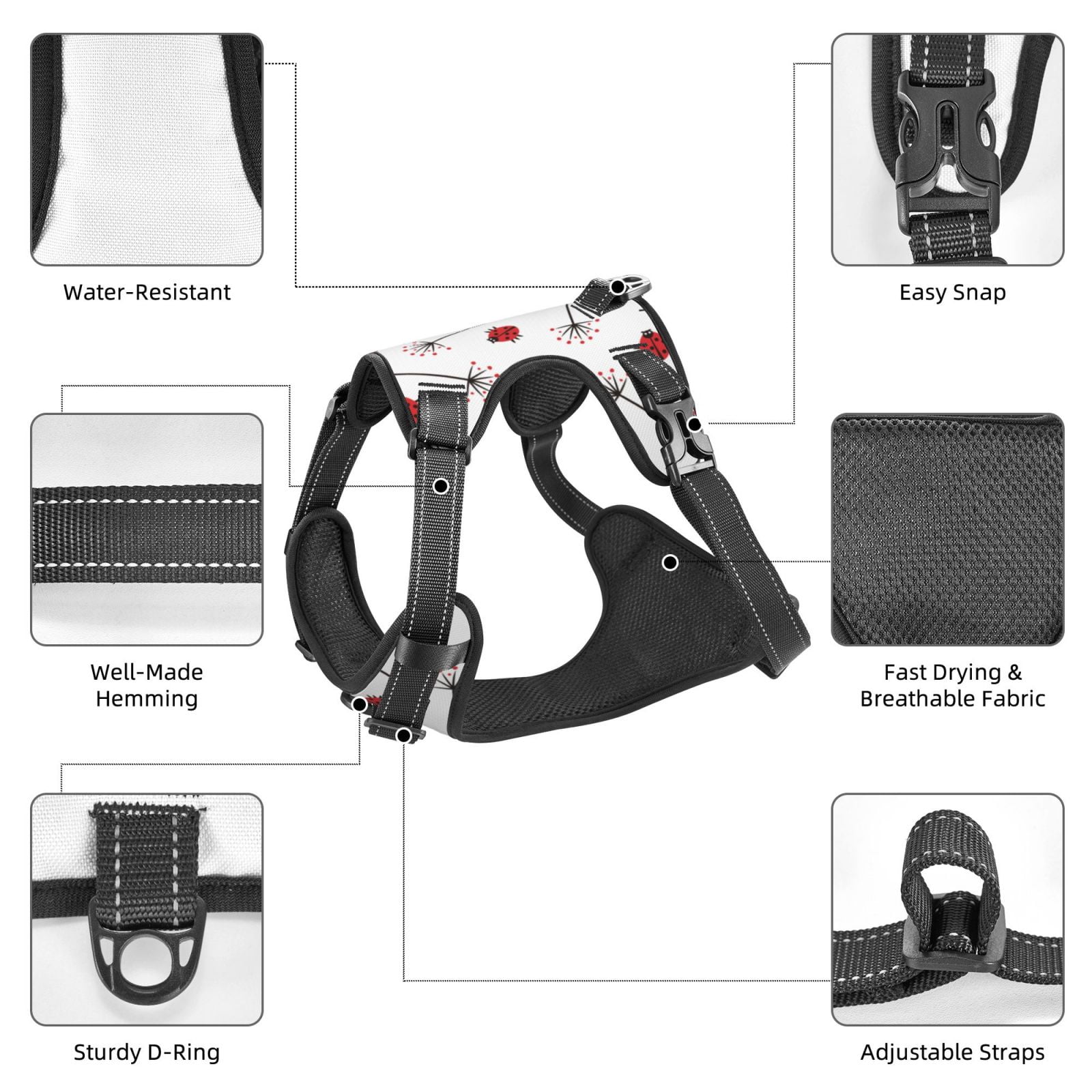 Naloa Ladybug With Dandelion Dog Harness, Pet Harness Vest with Traction Rope, Dog Vest for Outdoor, Walking - {sizeName}-Small