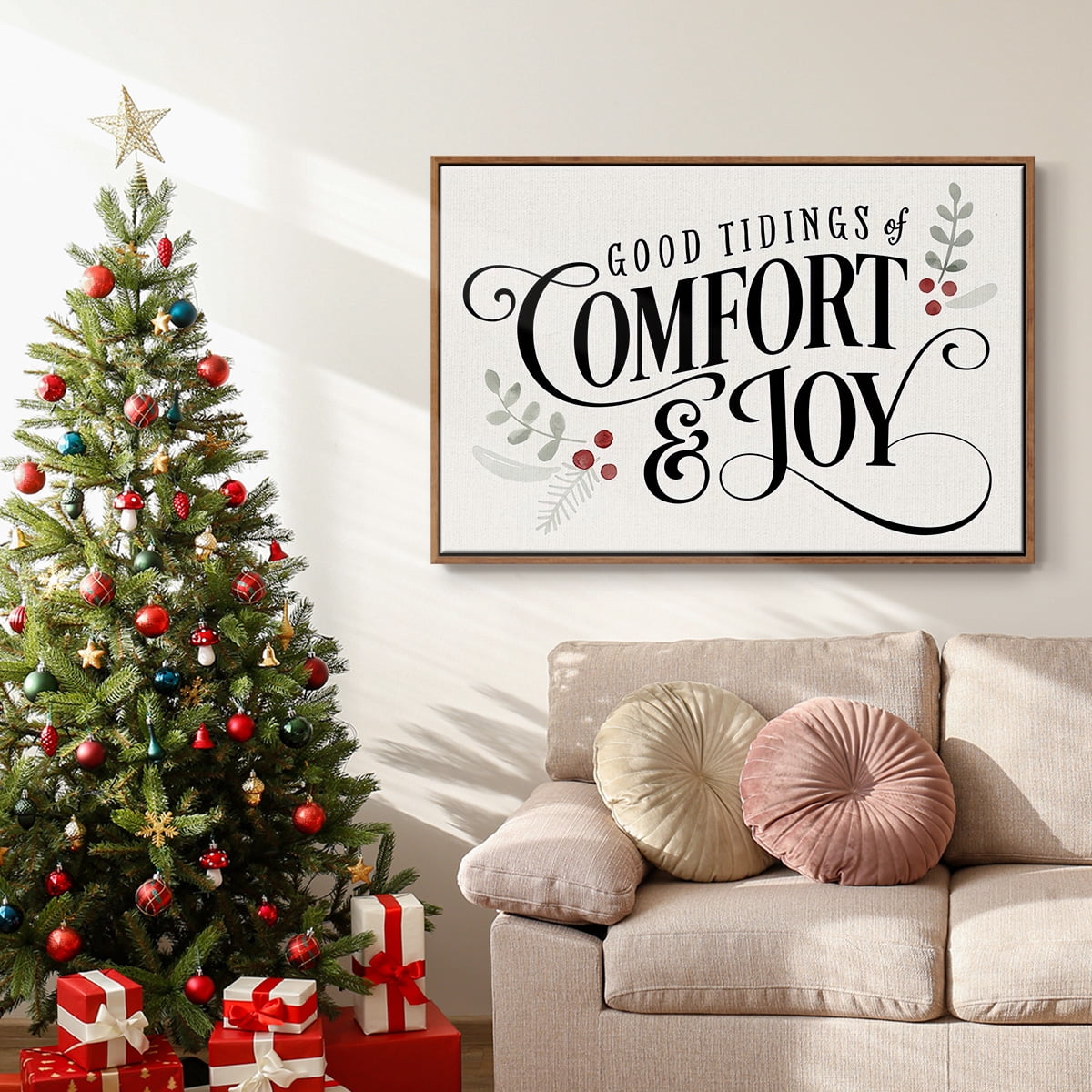 Merry Sentiment I - Framed Gallery Wrapped Holiday Canvas - 25 x 37 - Rosewood Frame
