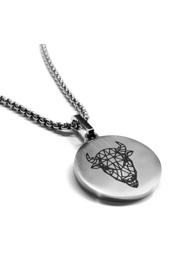 Stainless Steel Geometric Polygon Bison Animal Round Medallion Pendant Necklace
