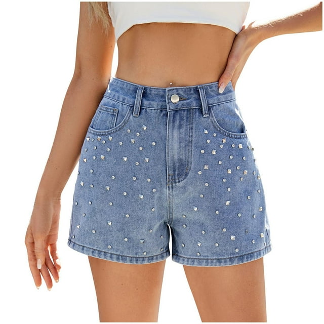 Chaqueta de Denim Ligera para las Mujeres de Verano Botón Doble Bolsillo Uñas Perlas Moda Pantalones Cortos Poliéster, Pantalones Casuales Estilo Denim para las Mujeres