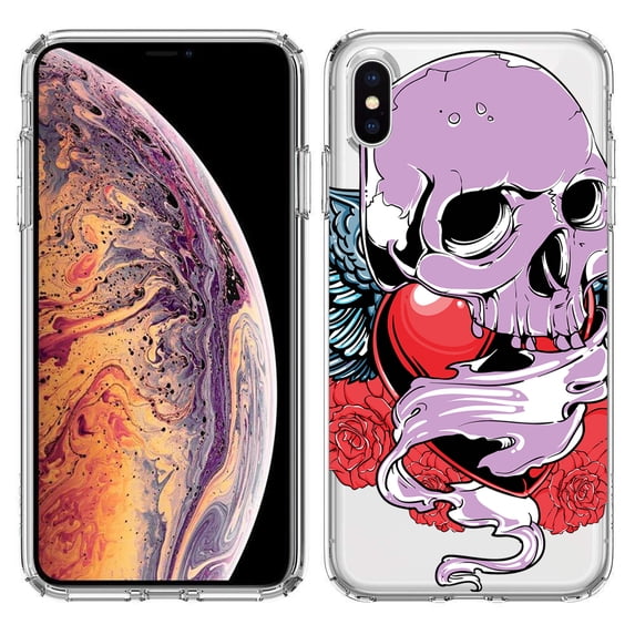 MUNDAZE Apple iPhone XS Max Case, Premium TPU Crystal Gel Design Flexible Phone Cover Case Pink Heart Skull Roses