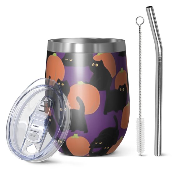 12oz Stemless Wine Tumblers Purple Halloween Black Cats and Pumpkins Vacuum Insulated Stainless Steel Travel Tumbler Cups Mug with Lid and Straw for Champaign,Cocktail,Beer with Cleaning Brush