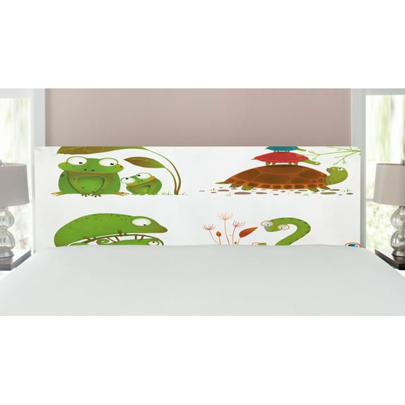 Reptile Headboard, Reptile Family Colorful Snake Frog Ninja Turtles Love Mother Family Theme, Upholstered Decorative Metal Bed Headboard with Memory Foam, King Size, Green Brown Red, by Ambesonne