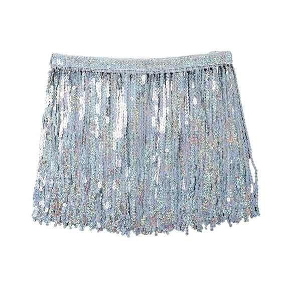 Women Sequins Tassels Skirt Belly Dance Elastic Waist Hip Skirt Latin Fringe Hip Scarf Festival